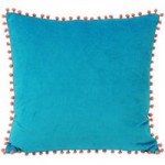 Velvet Pom Pom Cushion Blue