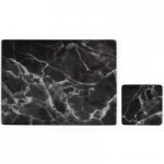 Set of 4 Black Marble Effect Placemats and Coasters Black
