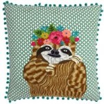 Paoletti Funky Sloth Embroidered Cushion Green/Blue