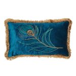 Blue Peacock Fringed Cushion Blue