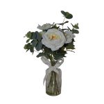White Roses in Glass Vase with Ribbon White