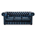 Belvedere Chesterfield 3 Seater Antique Leather Sofa Blue