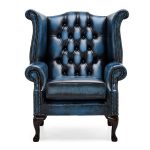 Belvedere Chesterfield Antique Leather Queen Anne Armchair Blue