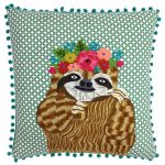 Paoletti Funky Sloth Embroidered Cushion Green/Blue